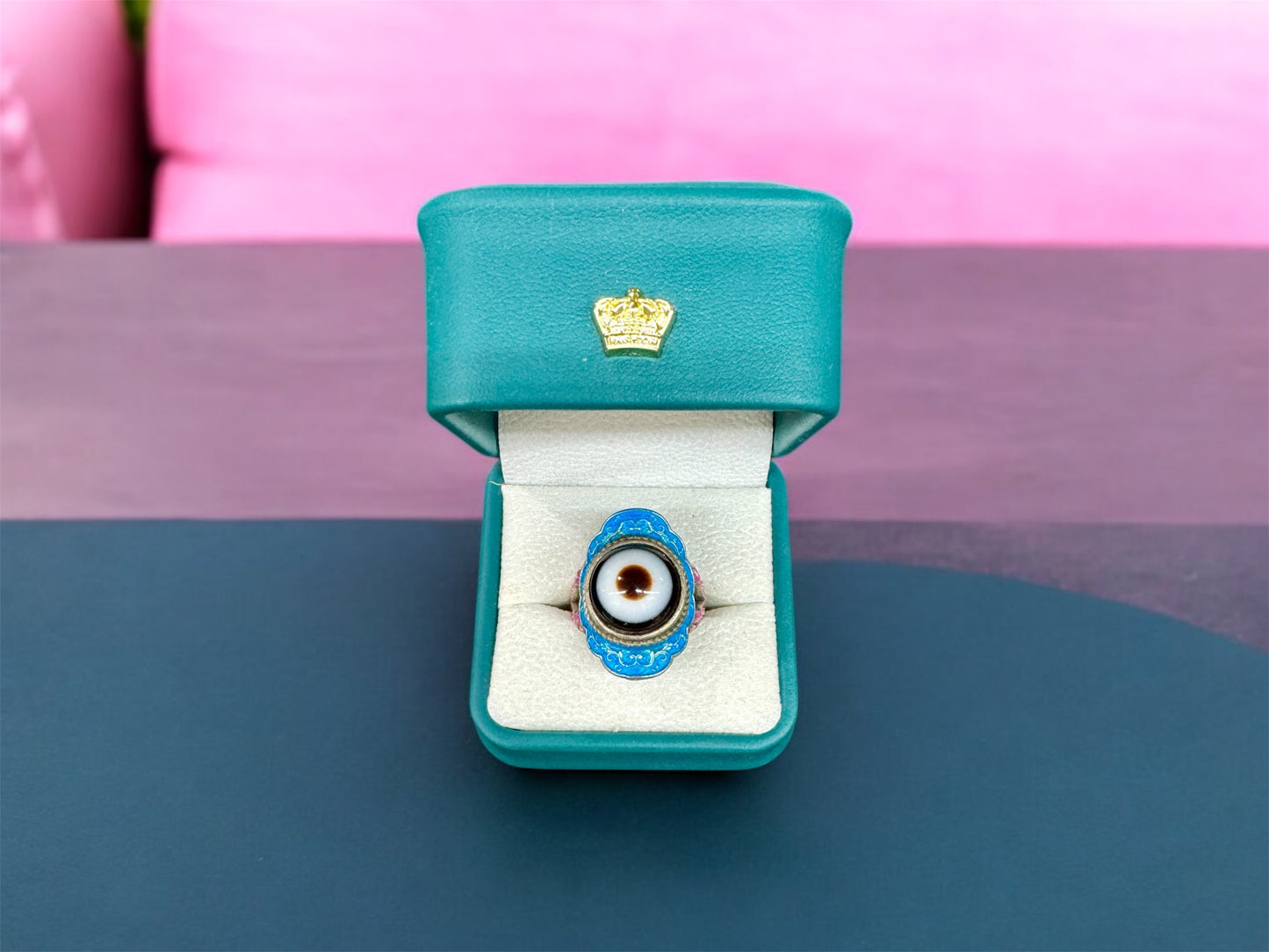 China Tibetan metal Cloisonne eye Agate Ring with blue box