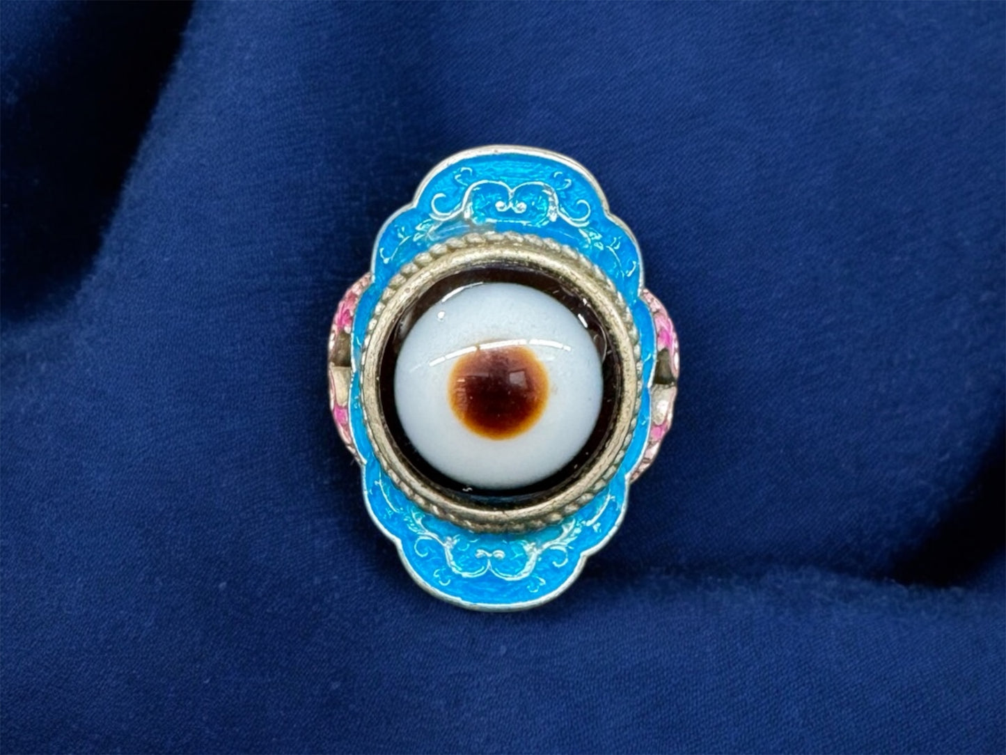 China Tibetan metal Cloisonne eye Agate Ring with blue box