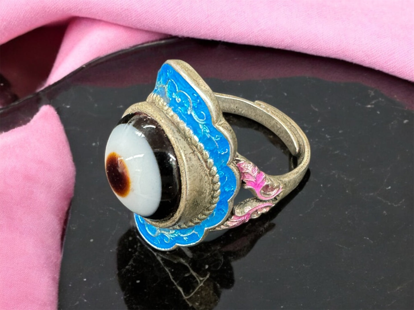 China Tibetan metal Cloisonne eye Agate Ring with blue box