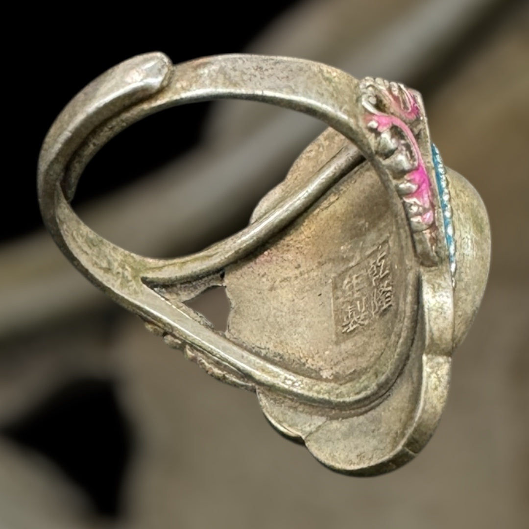 China Tibetan metal Cloisonne eye Agate Ring with blue box