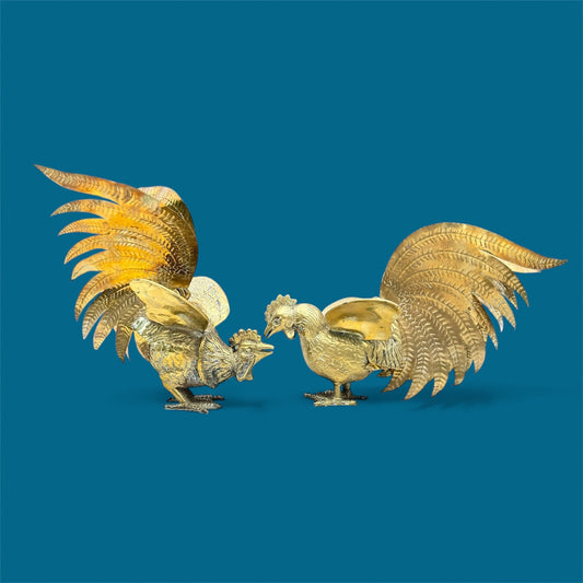 Vtg Italian Melani Mario Style Pair of Brass Fighting Roosters, Hollywood Regency, Bird Statues, Grand Millennial Home Decor, MCM