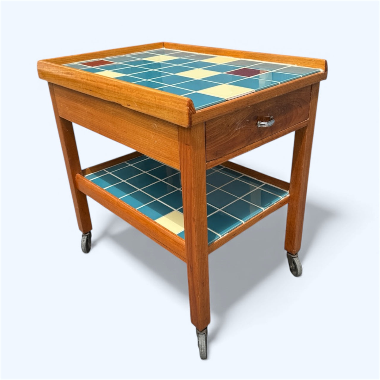 Mid Century Ceramic Tile Drinks Trolley | Vintage Bar Cart with Drawer | Retro Teak Side Table on Wheels | Blue Cream Burgundy Tiles