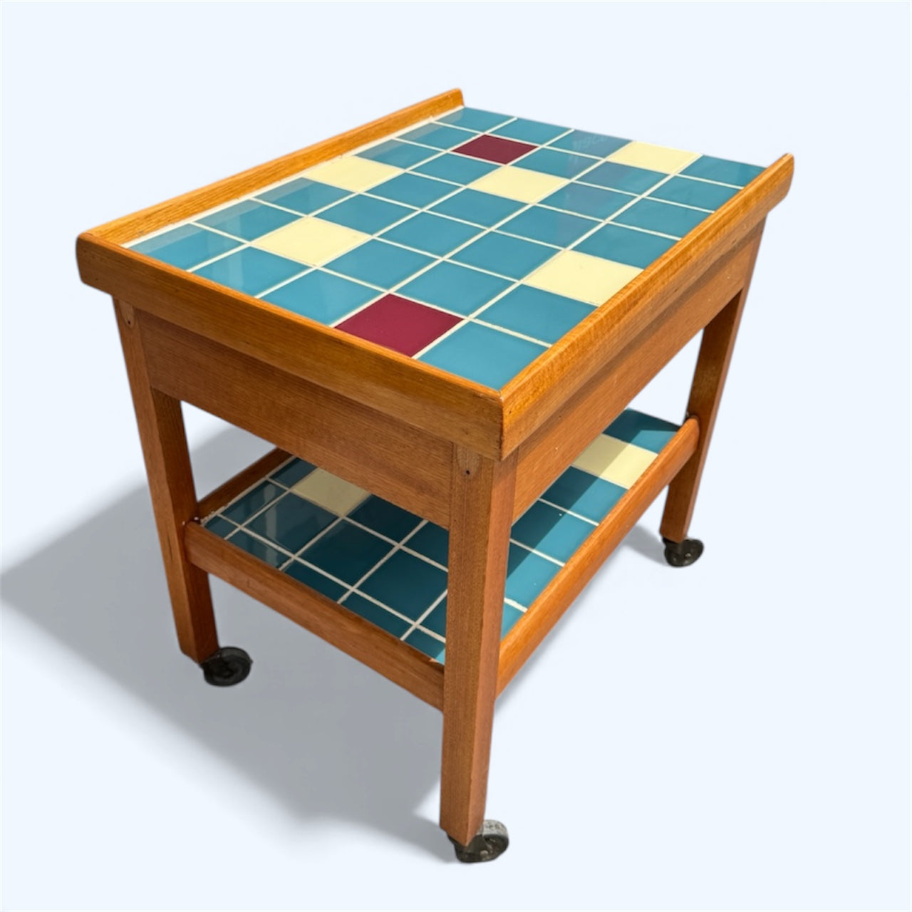 Mid Century Ceramic Tile Drinks Trolley | Vintage Bar Cart with Drawer | Retro Teak Side Table on Wheels | Blue Cream Burgundy Tiles