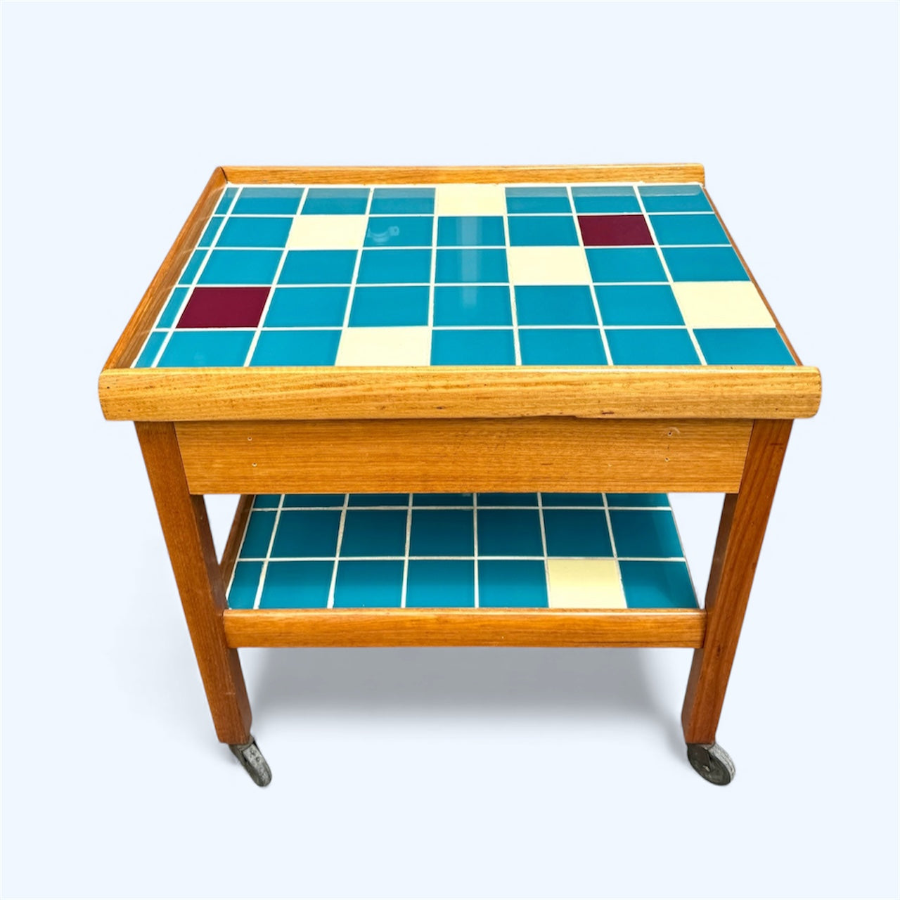 Mid Century Ceramic Tile Drinks Trolley | Vintage Bar Cart with Drawer | Retro Teak Side Table on Wheels | Blue Cream Burgundy Tiles