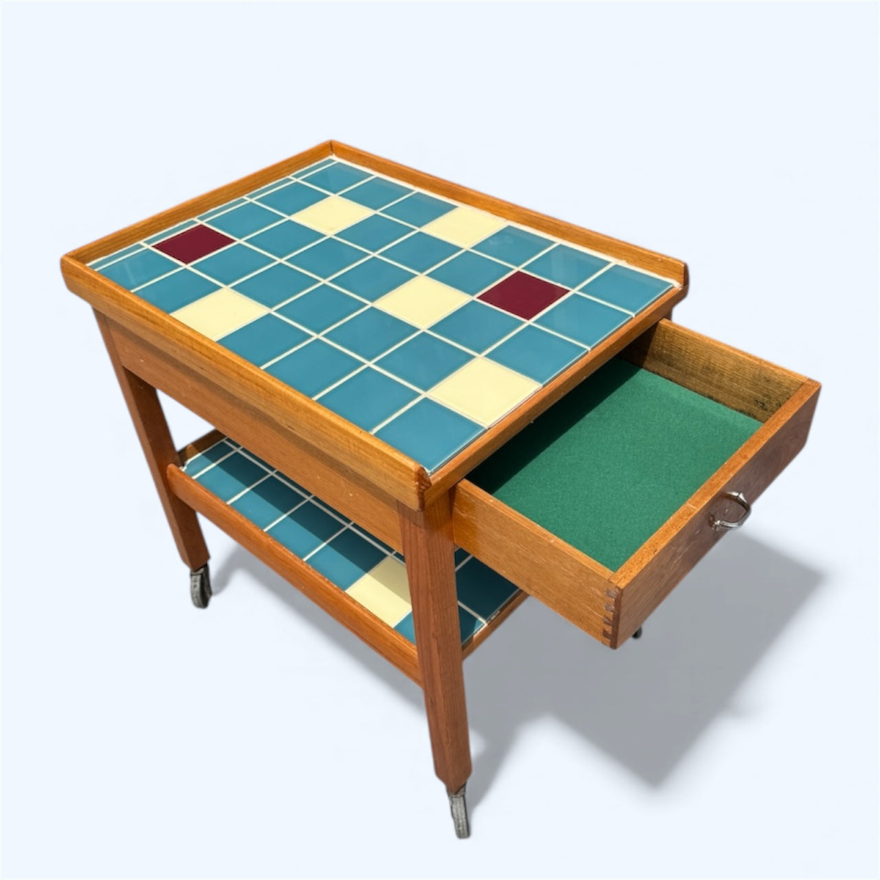 Mid Century Ceramic Tile Drinks Trolley | Vintage Bar Cart with Drawer | Retro Teak Side Table on Wheels | Blue Cream Burgundy Tiles