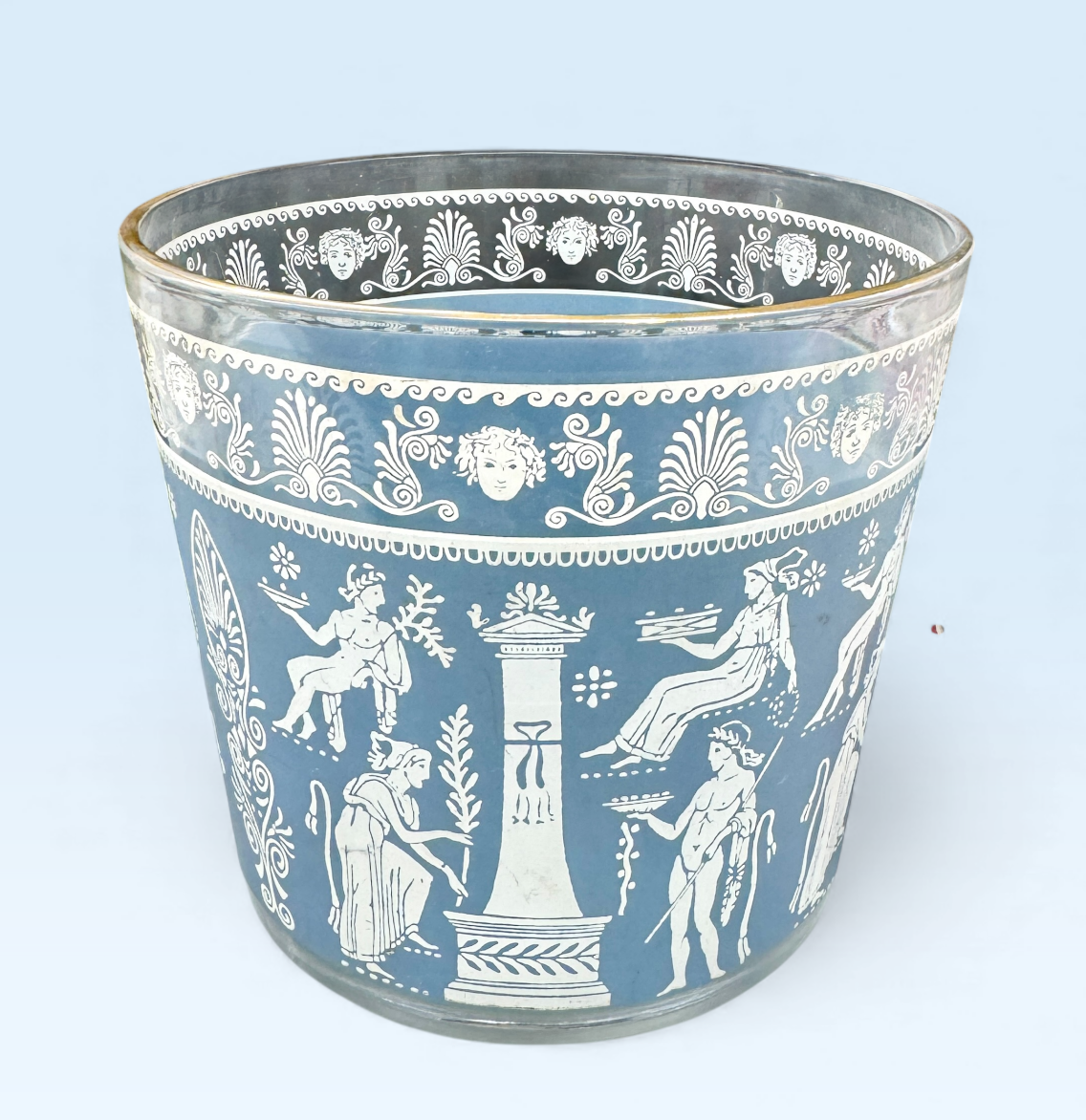 Jeannette Glass Ice Bucket – Blue Hellenic Greek Roman Design with Gold