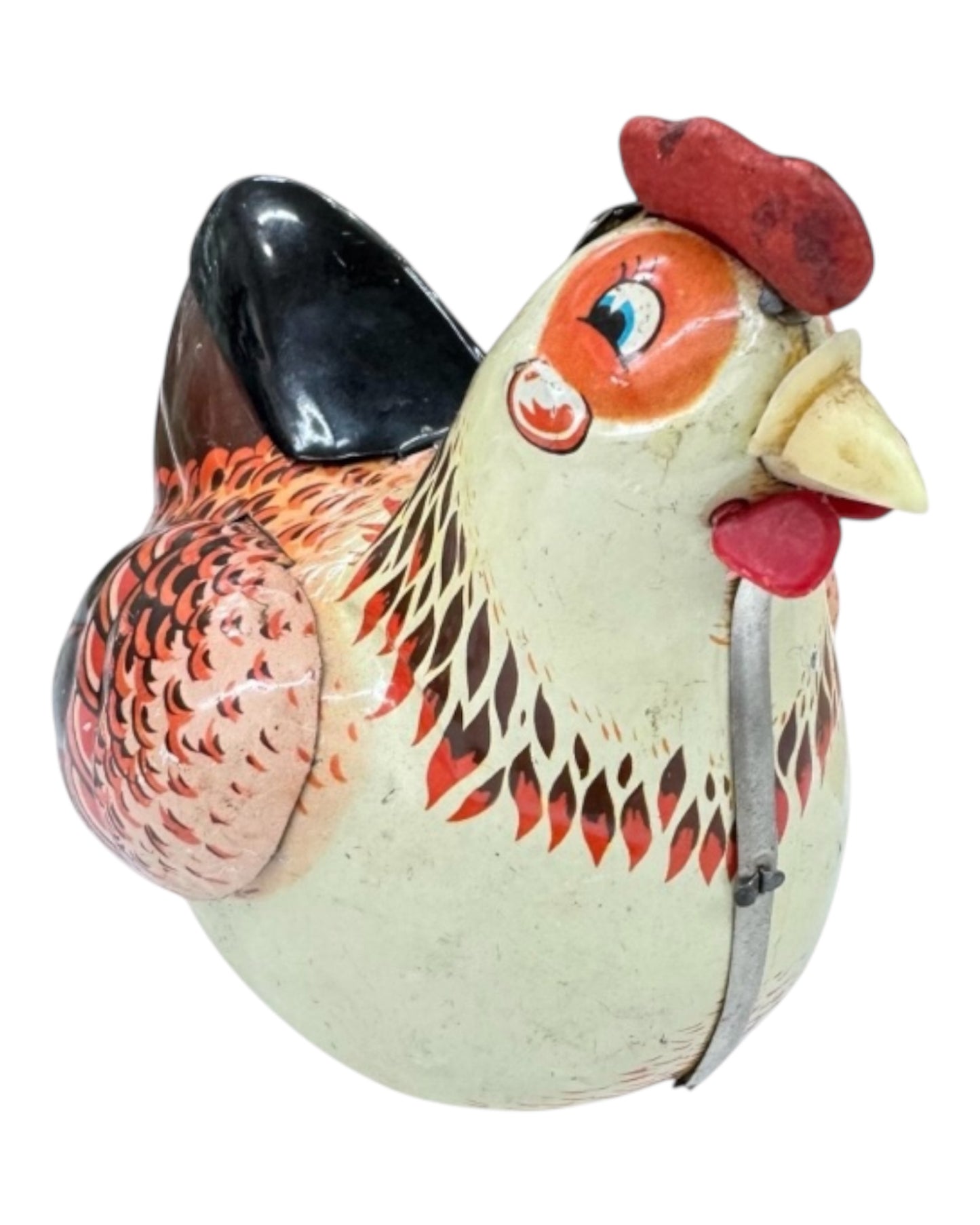 1980s tin battery operated hen figurine , working order, Missing eggs