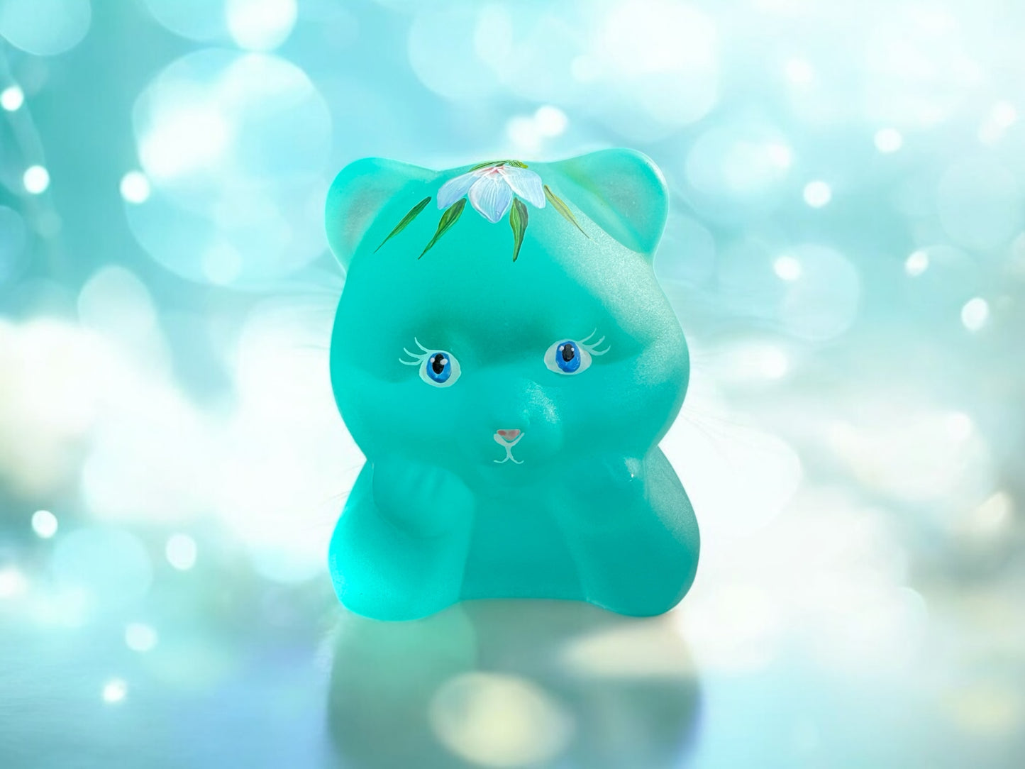 Signed Fenton blue glass cat, hand painted,