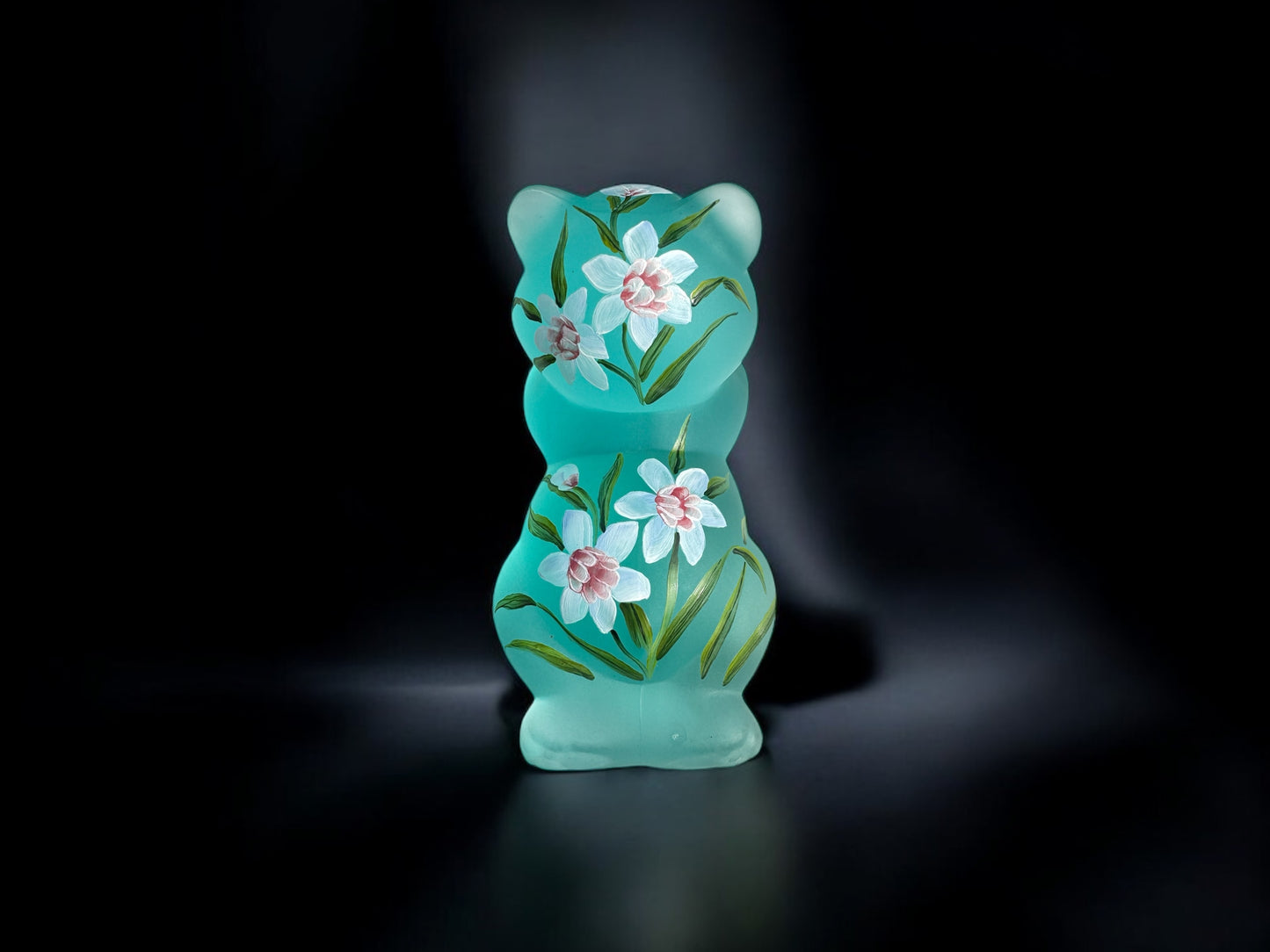Signed Fenton blue glass cat, hand painted,