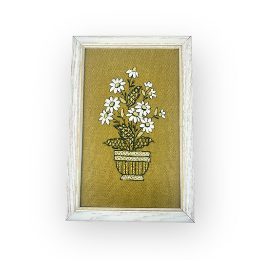 MCM Green floral embroidery in white wooden frame