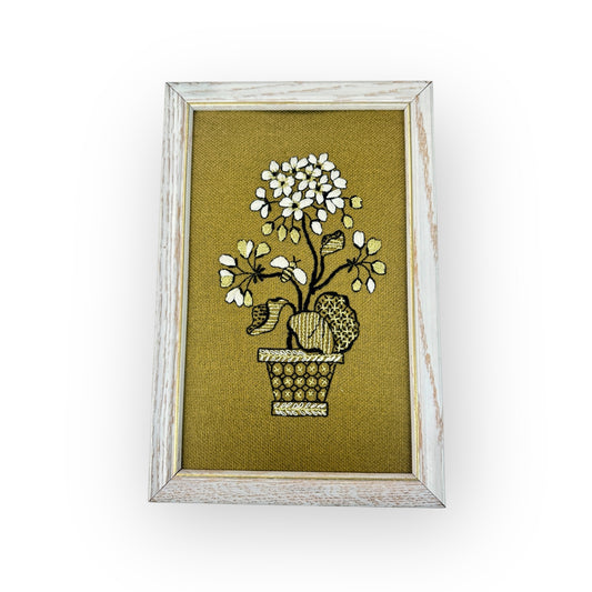 MCM Green floral embroidery in white wooden frame