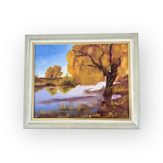 signed oil painting landscape lakeside