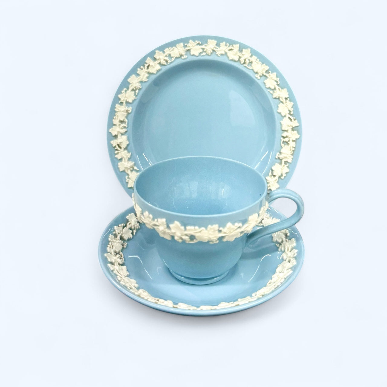 Wedgwood Cream On Blue Queensware Trio, Cup Saucer,Wedgwood Etruria and Barlaston Embossed Queen's Ware Tea
