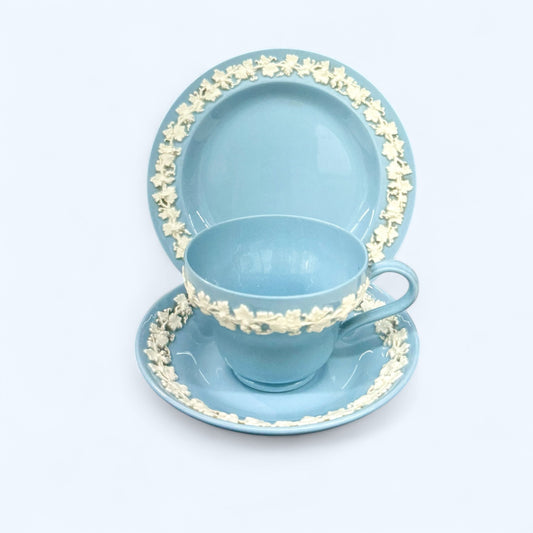Wedgwood Cream On Blue Queensware Trio, Cup Saucer,Wedgwood Etruria and Barlaston Embossed Queen's Ware Tea