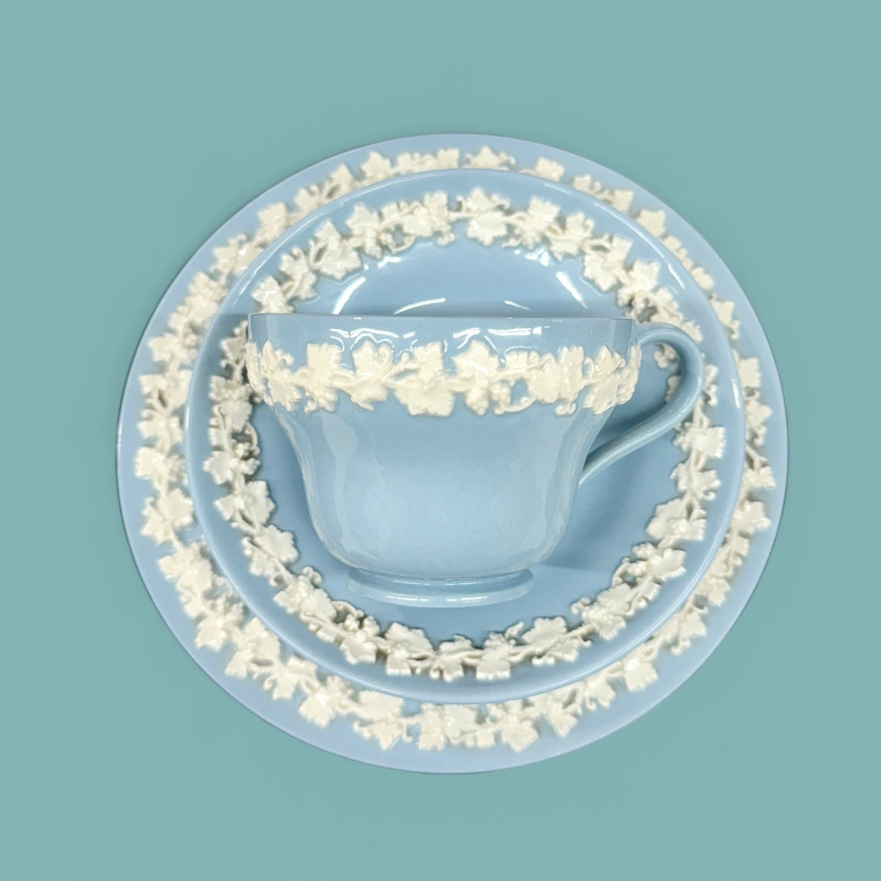 Wedgwood Cream On Blue Queensware Trio, Cup Saucer,Wedgwood Etruria and Barlaston Embossed Queen's Ware Tea