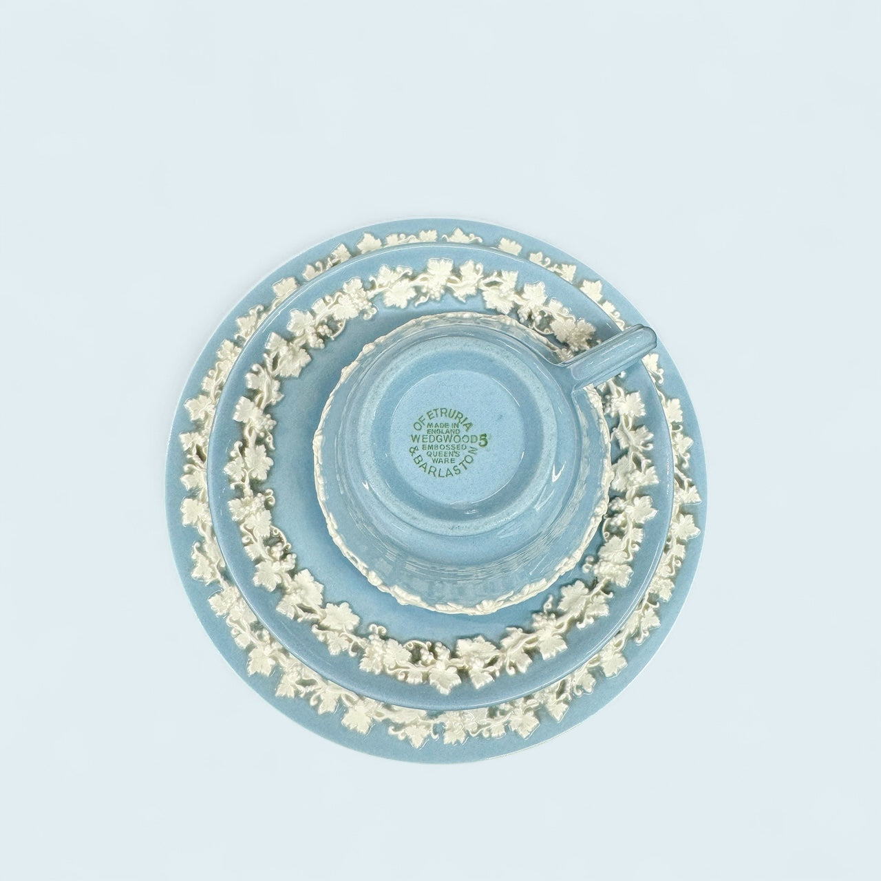 Wedgwood Cream On Blue Queensware Trio, Cup Saucer,Wedgwood Etruria and Barlaston Embossed Queen's Ware Tea