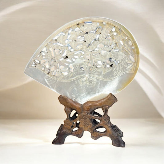 Large Carved Mother of Pearl Shell Art – Crane & Lotus Design with Wooden Stand