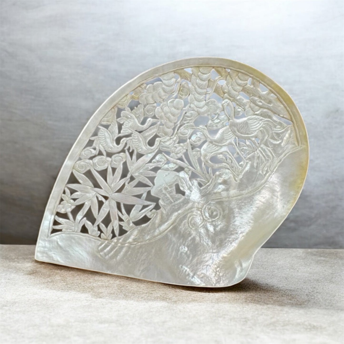 Large Carved Mother of Pearl Shell Art – Crane & Lotus Design with Wooden Stand