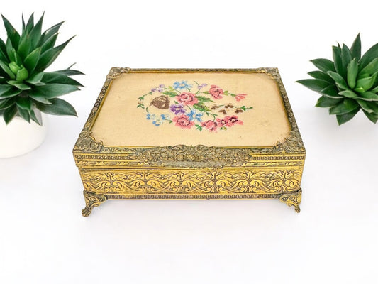 Vintage Ornate Trinket Box gold color Metal Embroidered on Top