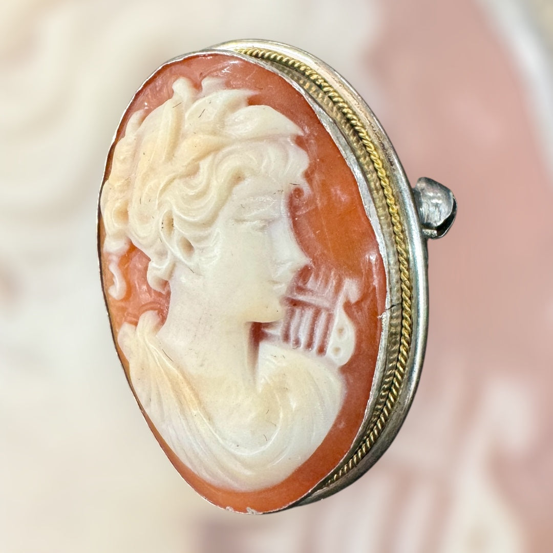 800 silver Austria C1930 hand carved shell cameo Brooch
