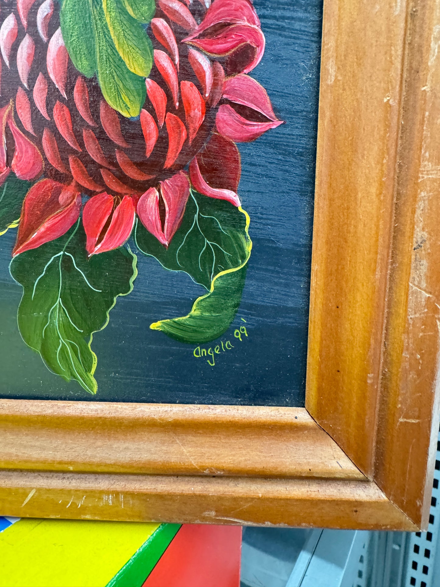 Oil painting on board,Parrot setting on Waratah flower