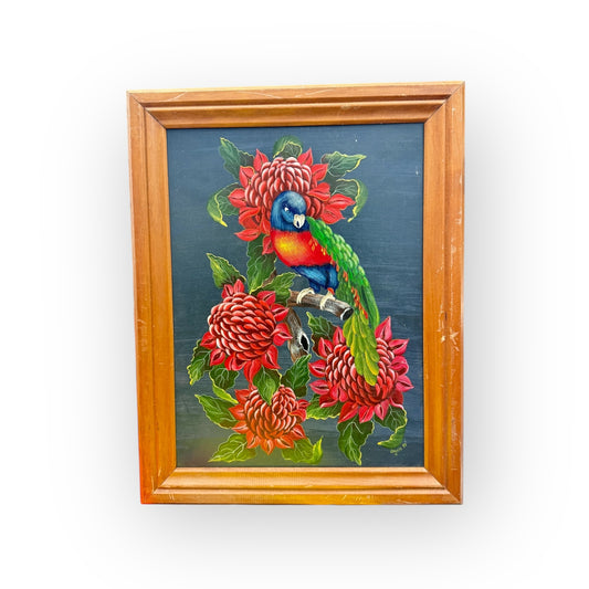 Oil painting on board,Parrot setting on Waratah flower