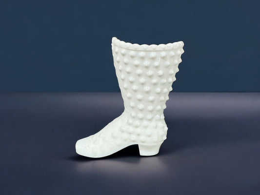 Vintage Fenton White Milk Glass Hobnail Ladies High Heeled Boot - Shoe - Vase