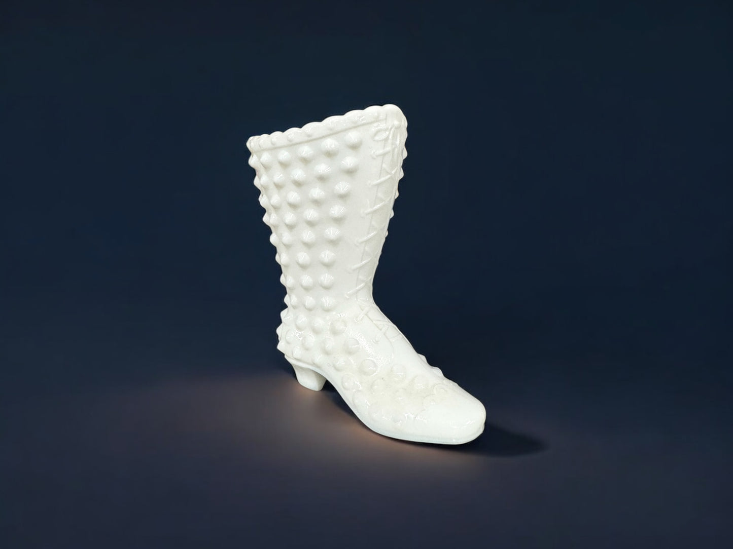 Vintage Fenton White Milk Glass Hobnail Ladies High Heeled Boot - Shoe - Vase