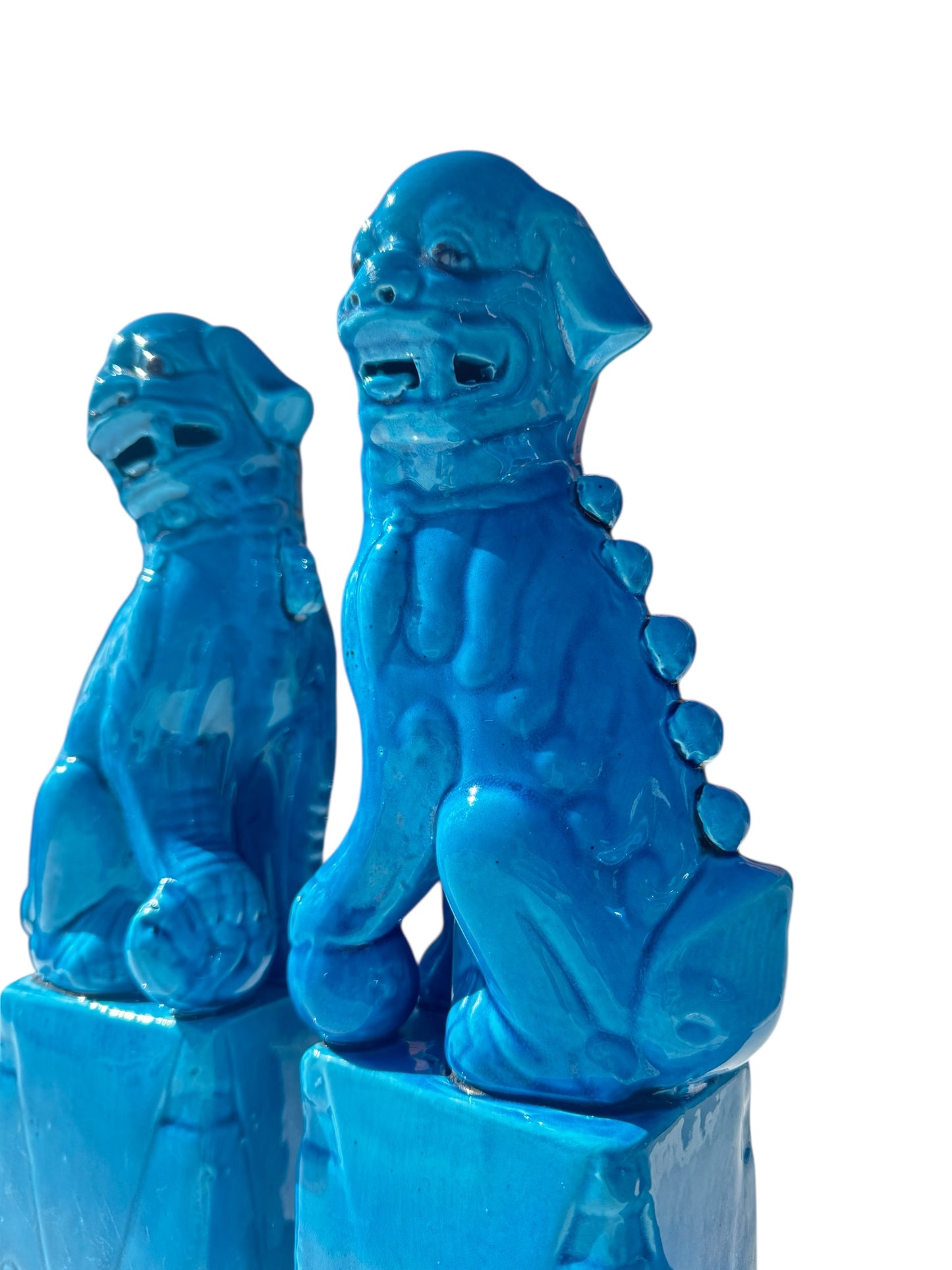 32.5cm Pair of Chinese Foo Dogs, Turquoise Chinese Temple Lions, Blue Porcelain Guardian Lions, Hollywood Regency
