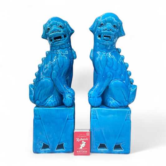 32.5cm Pair of Chinese Foo Dogs, Turquoise Chinese Temple Lions, Blue Porcelain Guardian Lions, Hollywood Regency