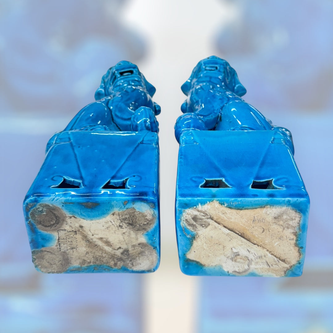 32.5cm Pair of Chinese Foo Dogs, Turquoise Chinese Temple Lions, Blue Porcelain Guardian Lions, Hollywood Regency