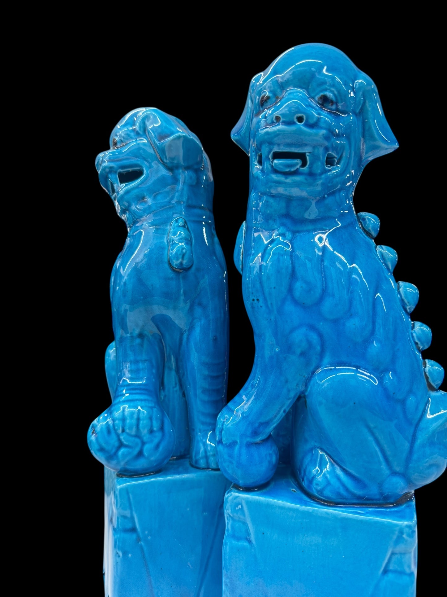32.5cm Pair of Chinese Foo Dogs, Turquoise Chinese Temple Lions, Blue Porcelain Guardian Lions, Hollywood Regency