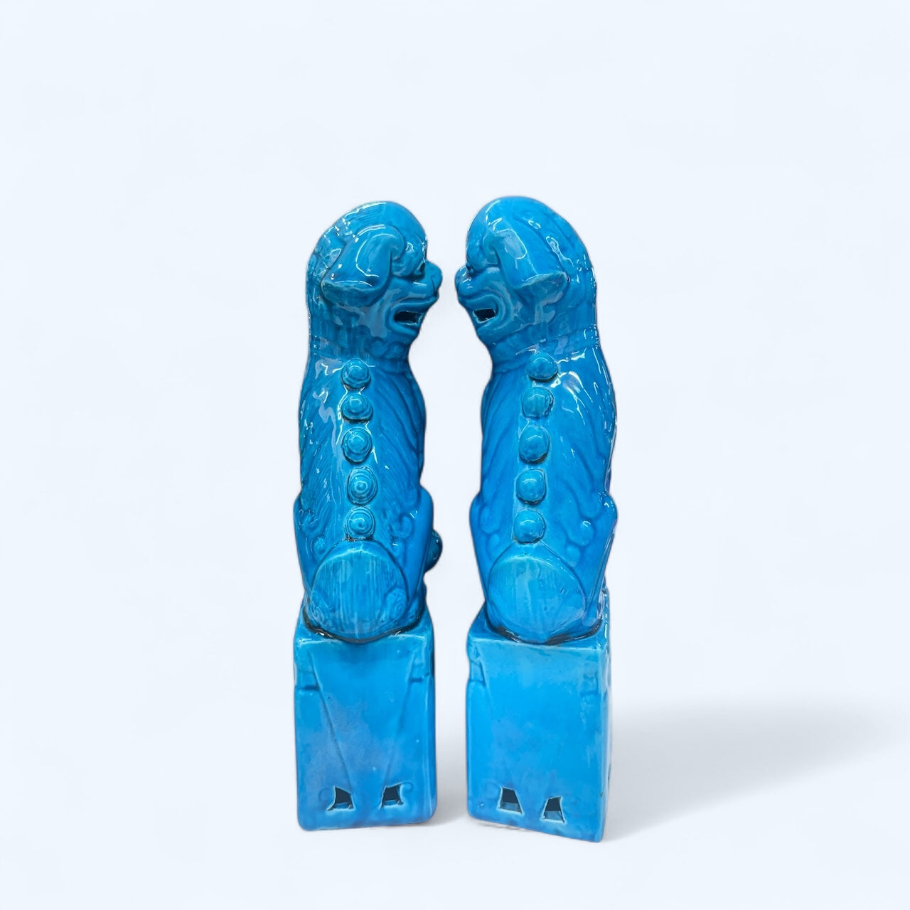 32.5cm Pair of Chinese Foo Dogs, Turquoise Chinese Temple Lions, Blue Porcelain Guardian Lions, Hollywood Regency