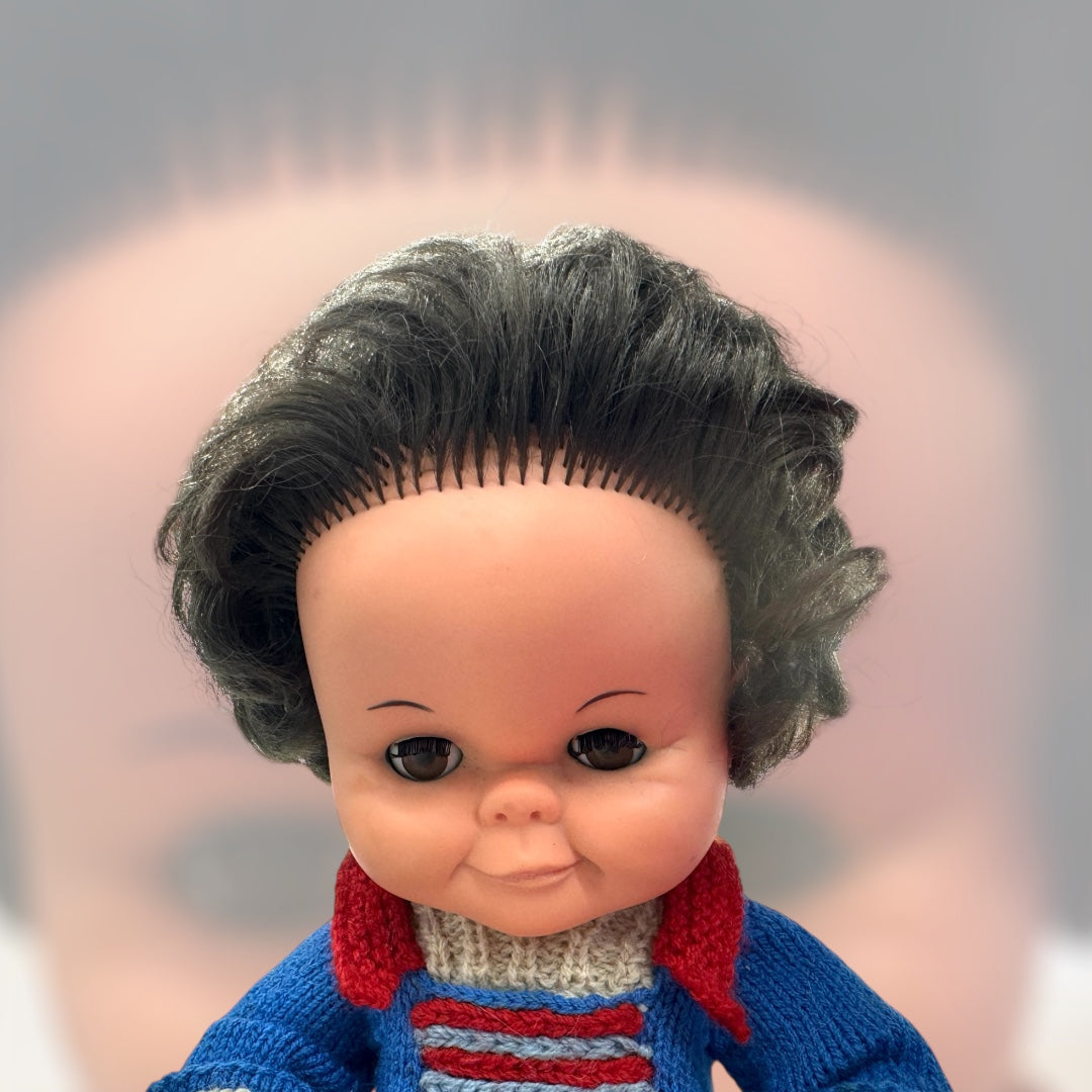 vintage doll, made in England marked, hand knit dresses