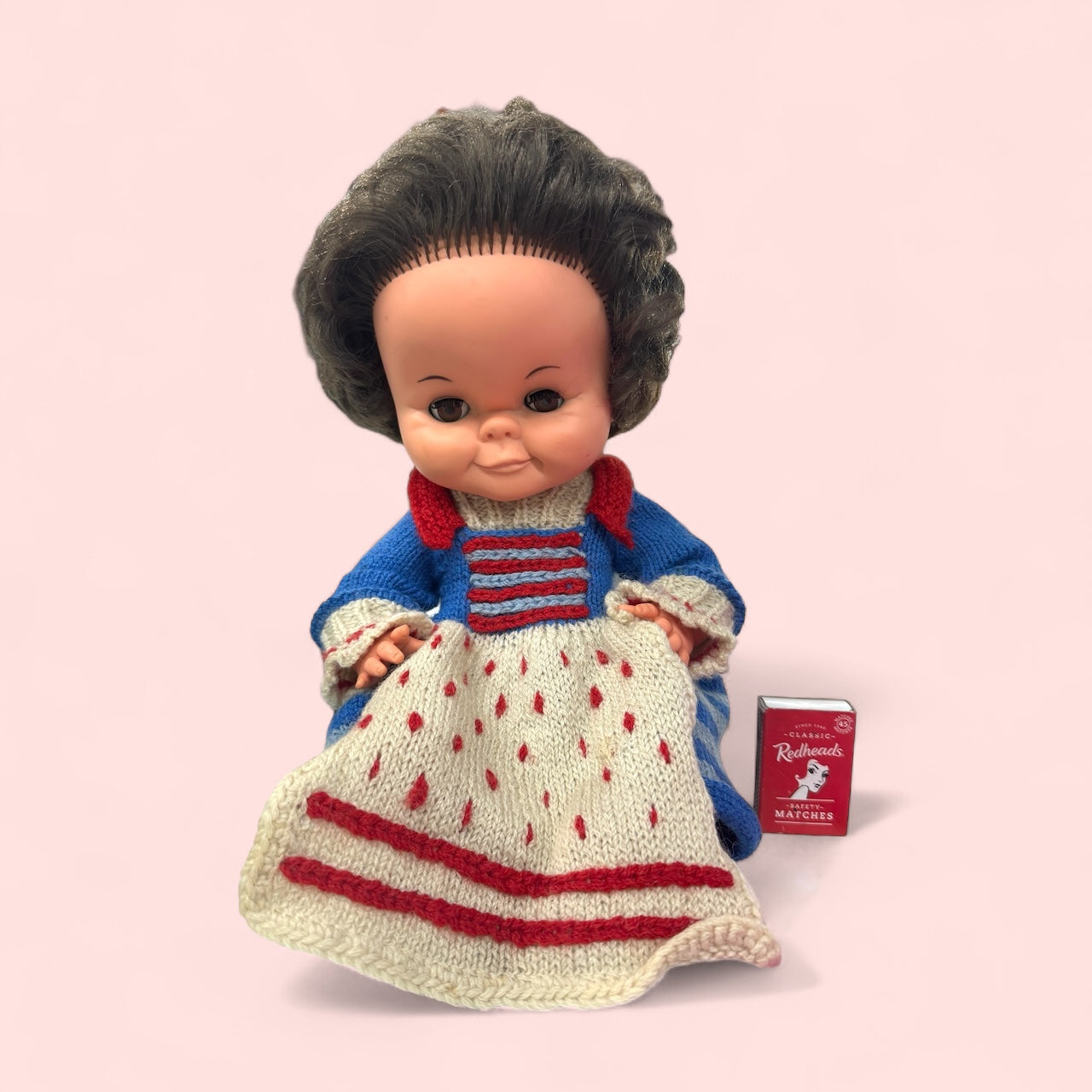 vintage doll, made in England marked, hand knit dresses