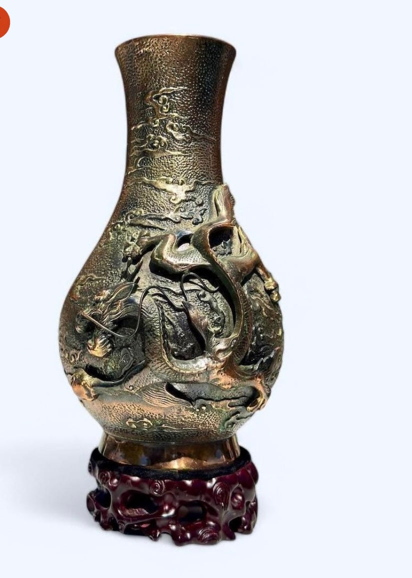 Antique Bronze Dragon Vase on Carved Wooden Stand – Japanese Art Symbol of Power & Fortune