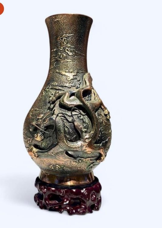 Antique Bronze Dragon Vase on Carved Wooden Stand – Japanese Art Symbol of Power & Fortune
