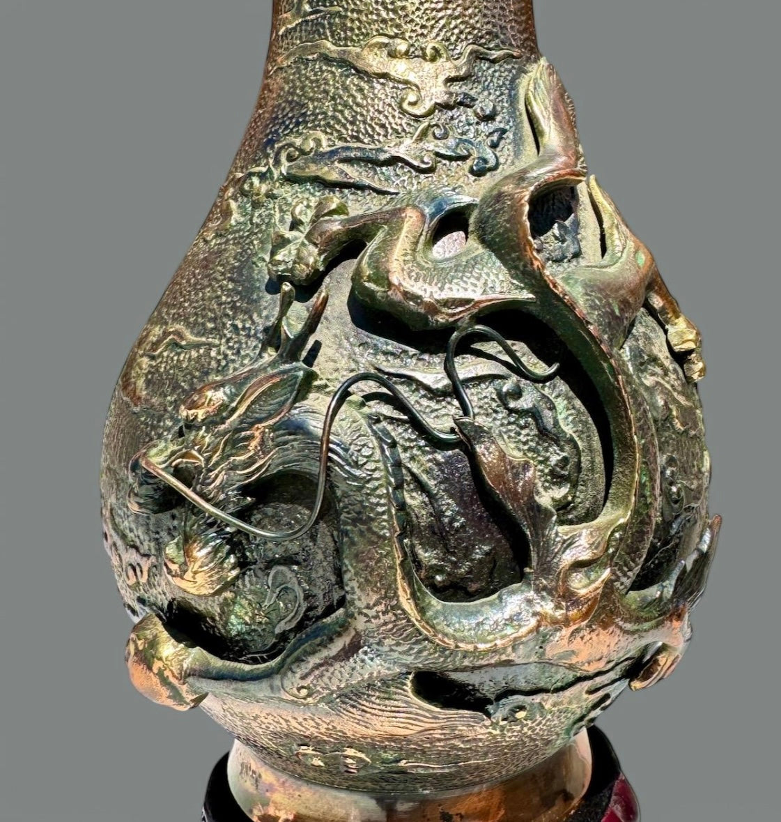 Antique Bronze Dragon Vase on Carved Wooden Stand – Japanese Art Symbol of Power & Fortune