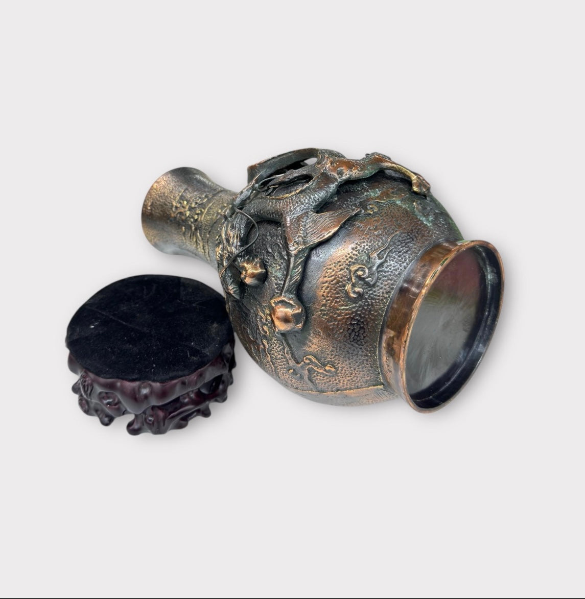 Antique Bronze Dragon Vase on Carved Wooden Stand – Japanese Art Symbol of Power & Fortune