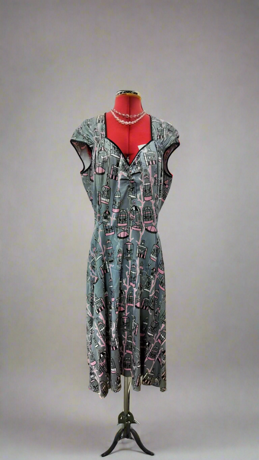 Pink & Grey birds in the cage pin-up couture. (Made in us). Size- 2XL.