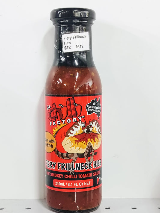 The Chilli Factory FIERY FRILLNECK HISS, hot smokey chilli tomato sauce, 240ml