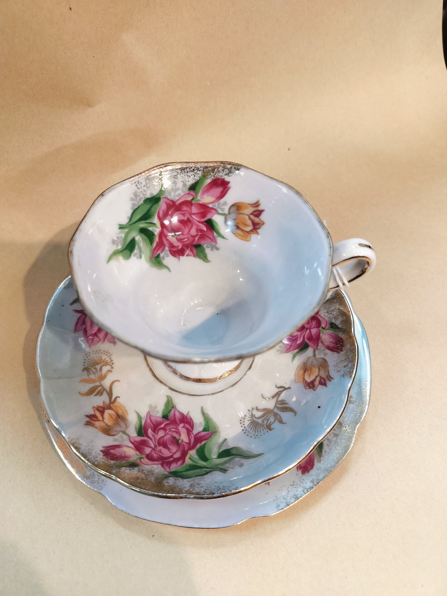 Pink Roses trio tea cup with 2 saucers.